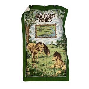 New Forest Ponies Tea Towel Britain Cotton Wall Hanging 1981 Vintage Horse Cloth